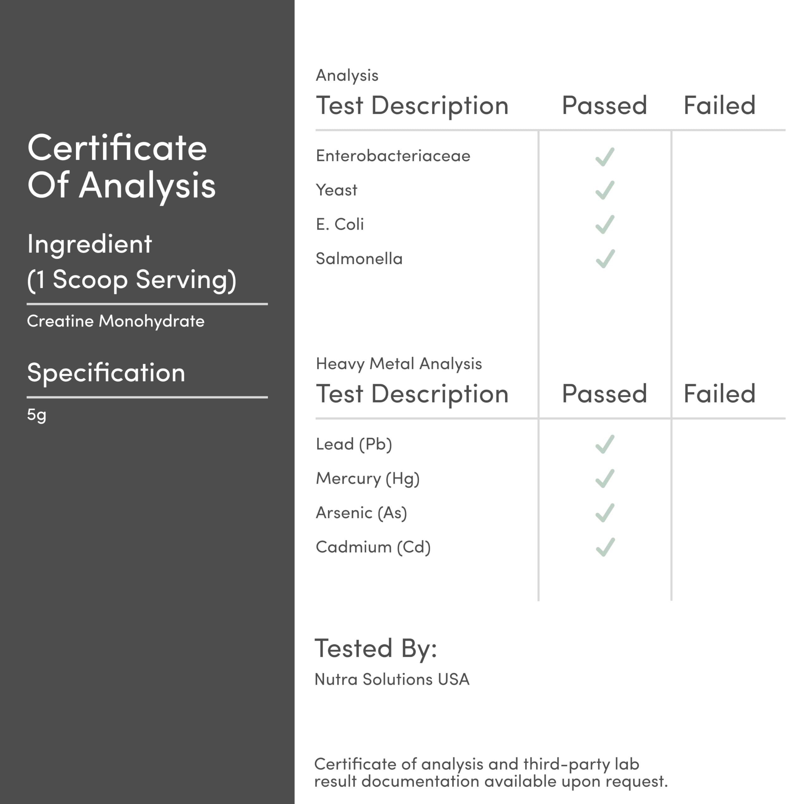 Third party testing seal and quality assurance for Double Wood Creatine Monohydrate