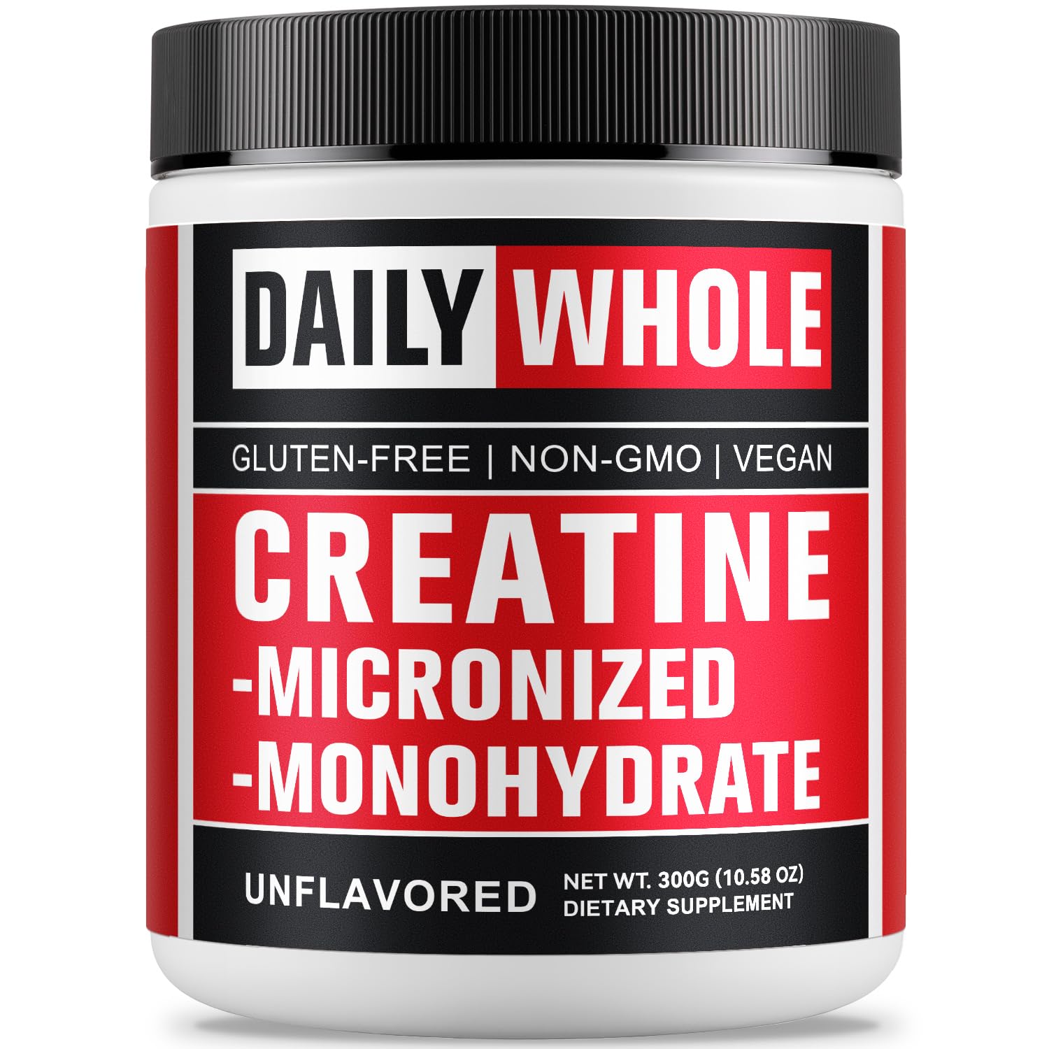 Front view of DailyWhole Organics Creatine Monohydrate Powder 300g container