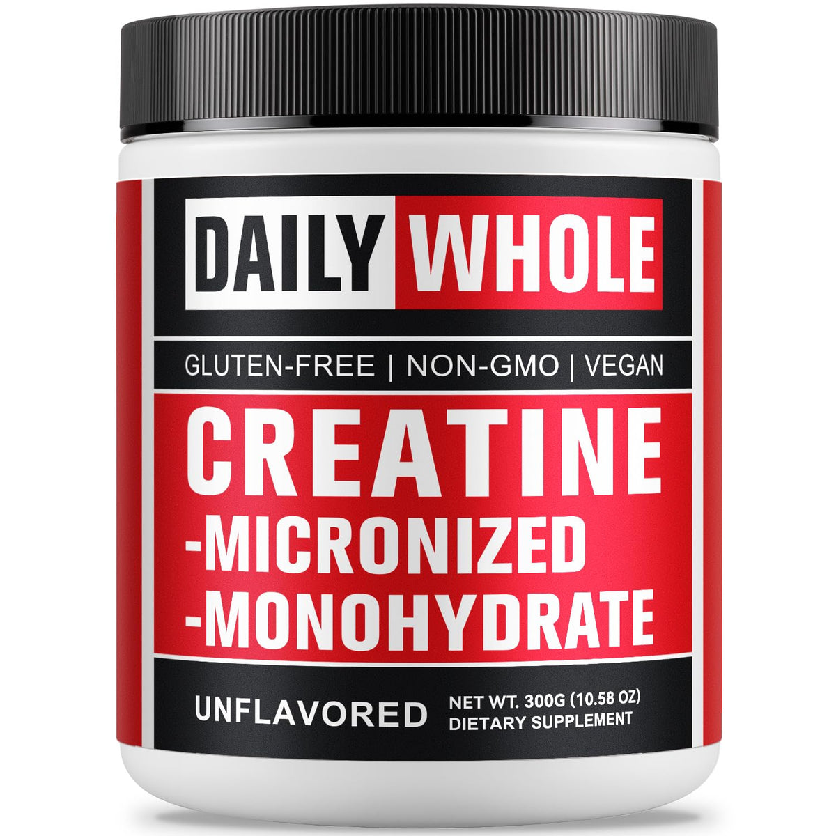 Front view of DailyWhole Organics Creatine Monohydrate Powder 300g container