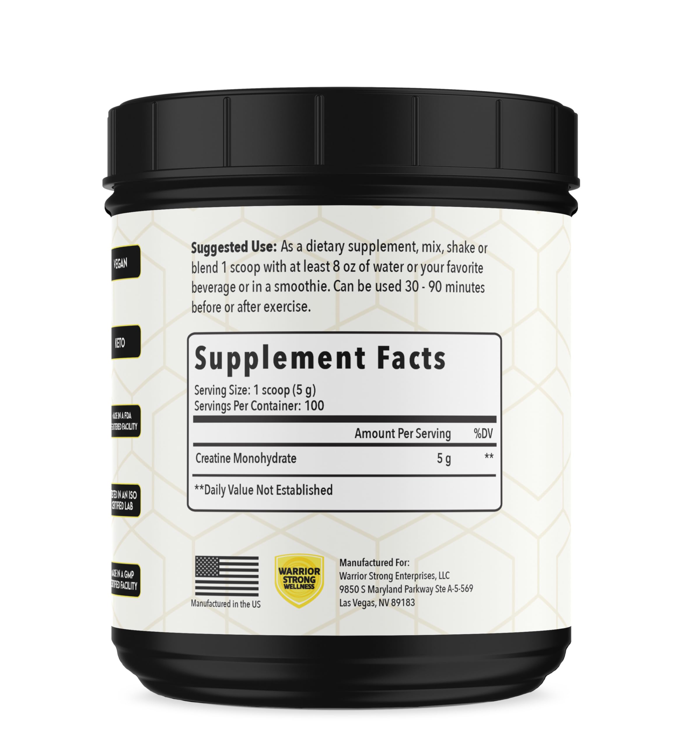 Label shows iso certified, 99% pure creatine monohydrate