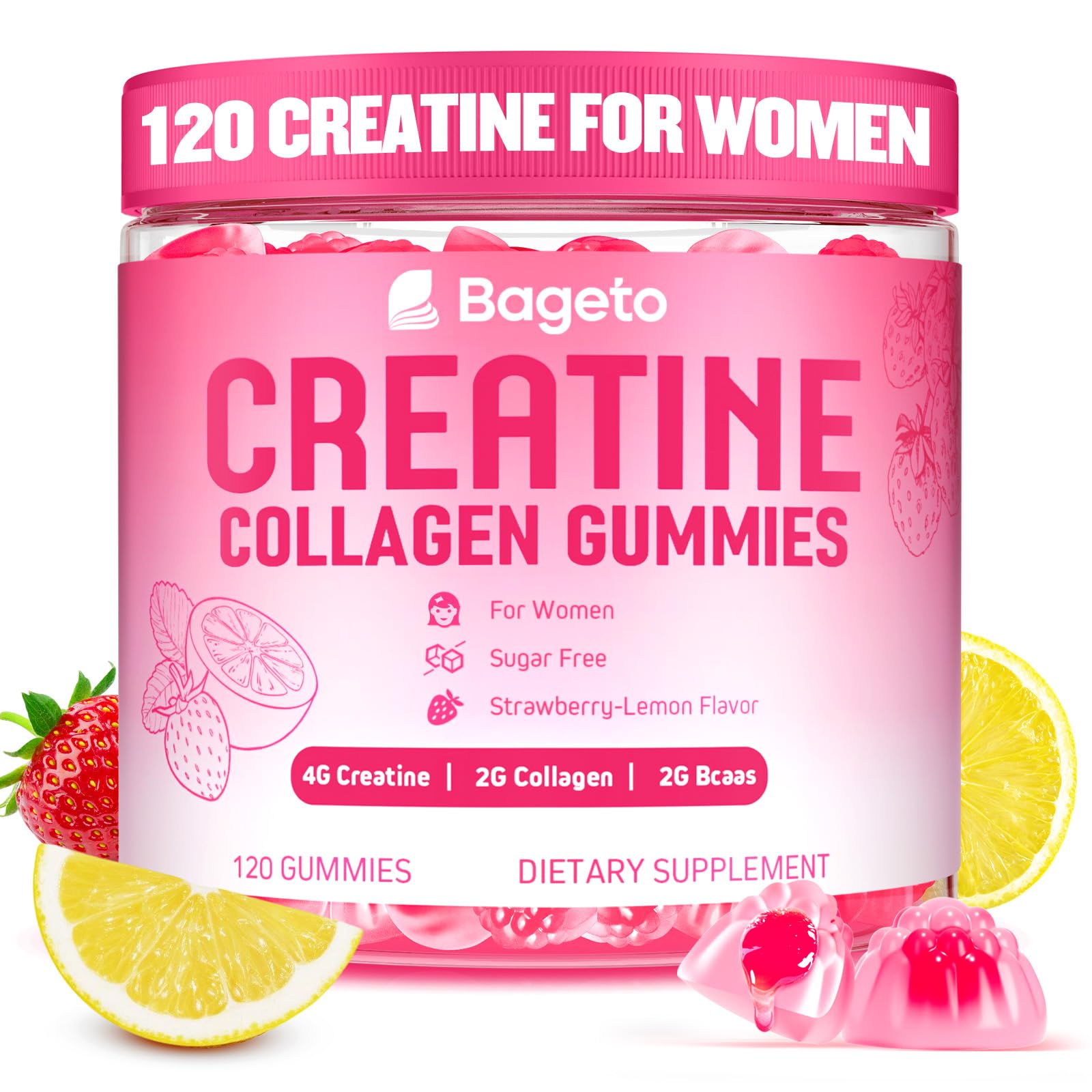 Bottle of Creatine Monohydrate Gummies for Women in strawberry-lemon flavor