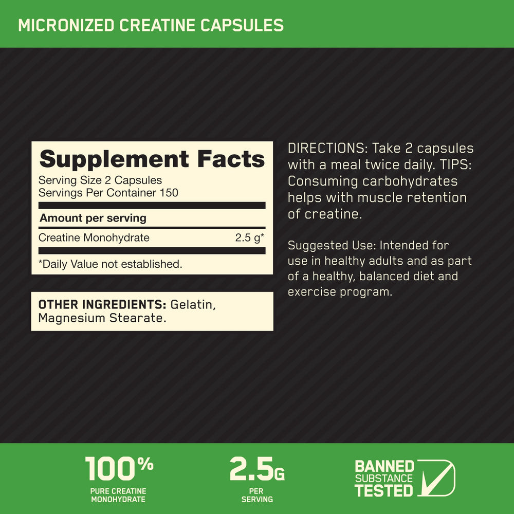 Creatine Monohydrate capsules with 2,500 mg per serving