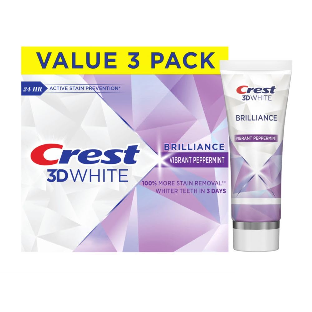 Three Crest 3D White Brilliance Peppermint toothpaste tubes, 4.6 oz each