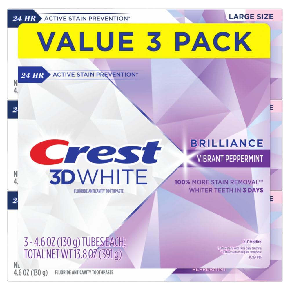 Front view of Crest 3D White Brilliance Peppermint toothpaste tube
