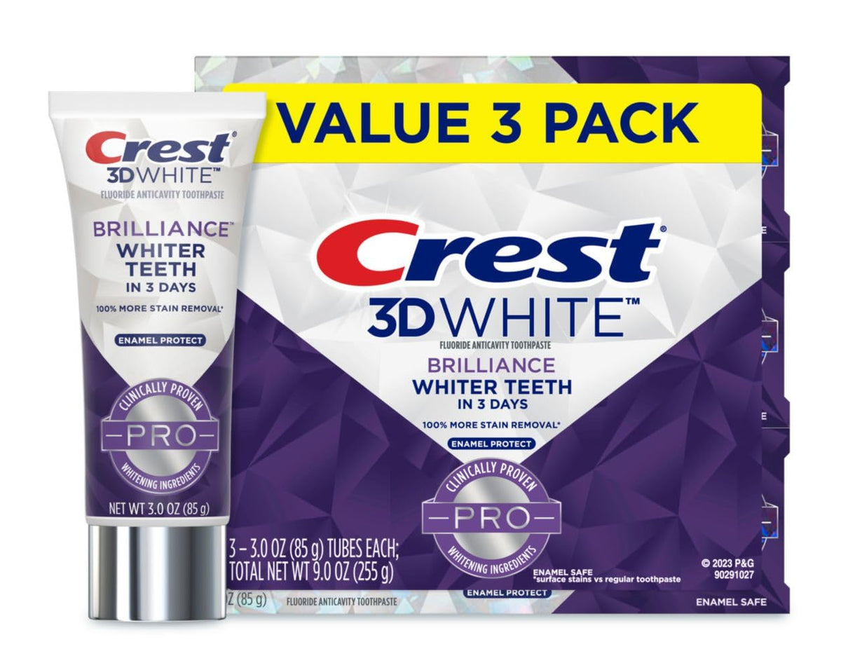 Crest 3D White Brilliance Pro Enamel Protect toothpaste in a 3-pack (3oz tubes) – front view
