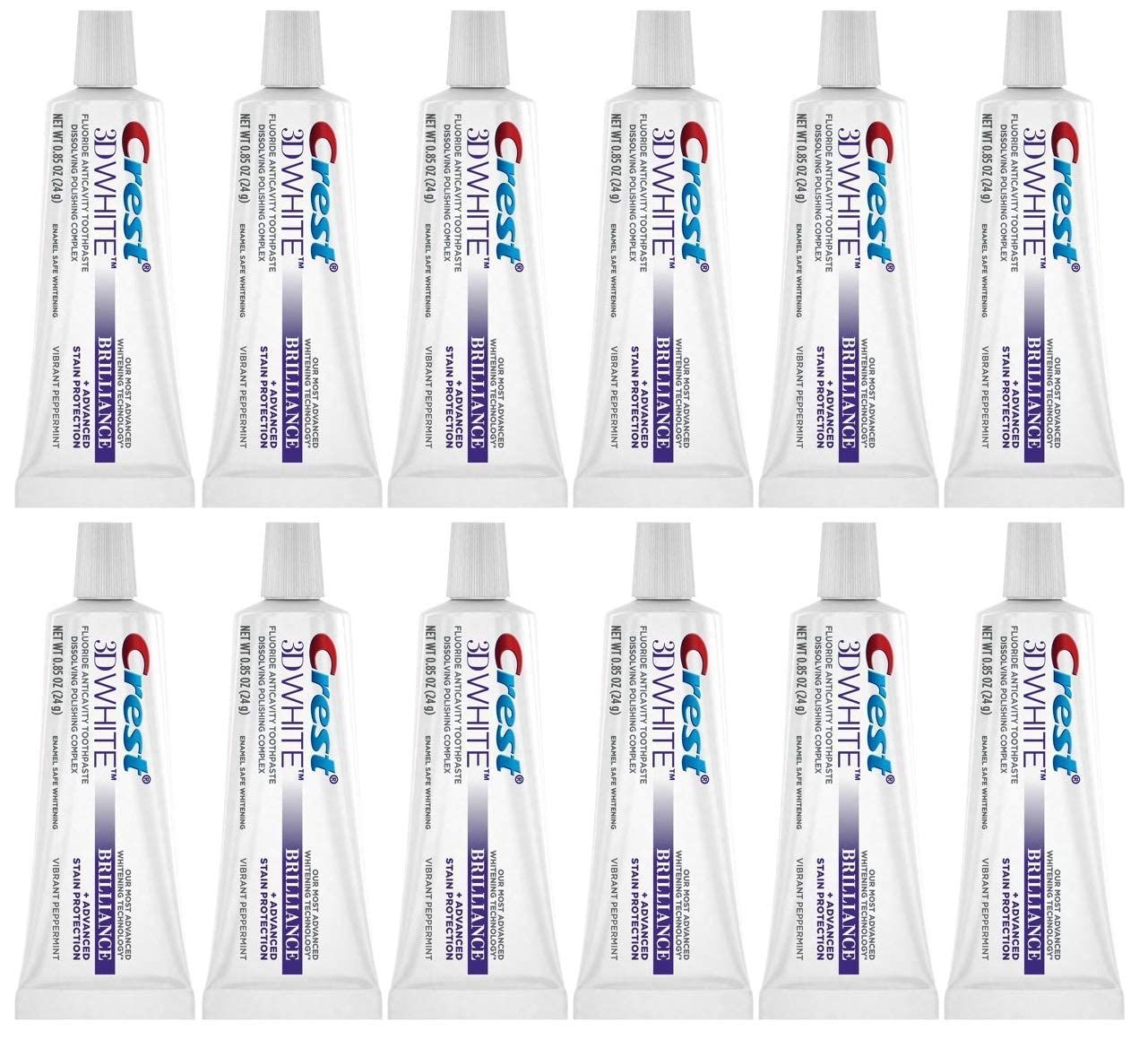 Crest 3D White Brilliance Vibrant Peppermint toothpaste travel size 0.85 oz (24 g) pack of 12 — front view
