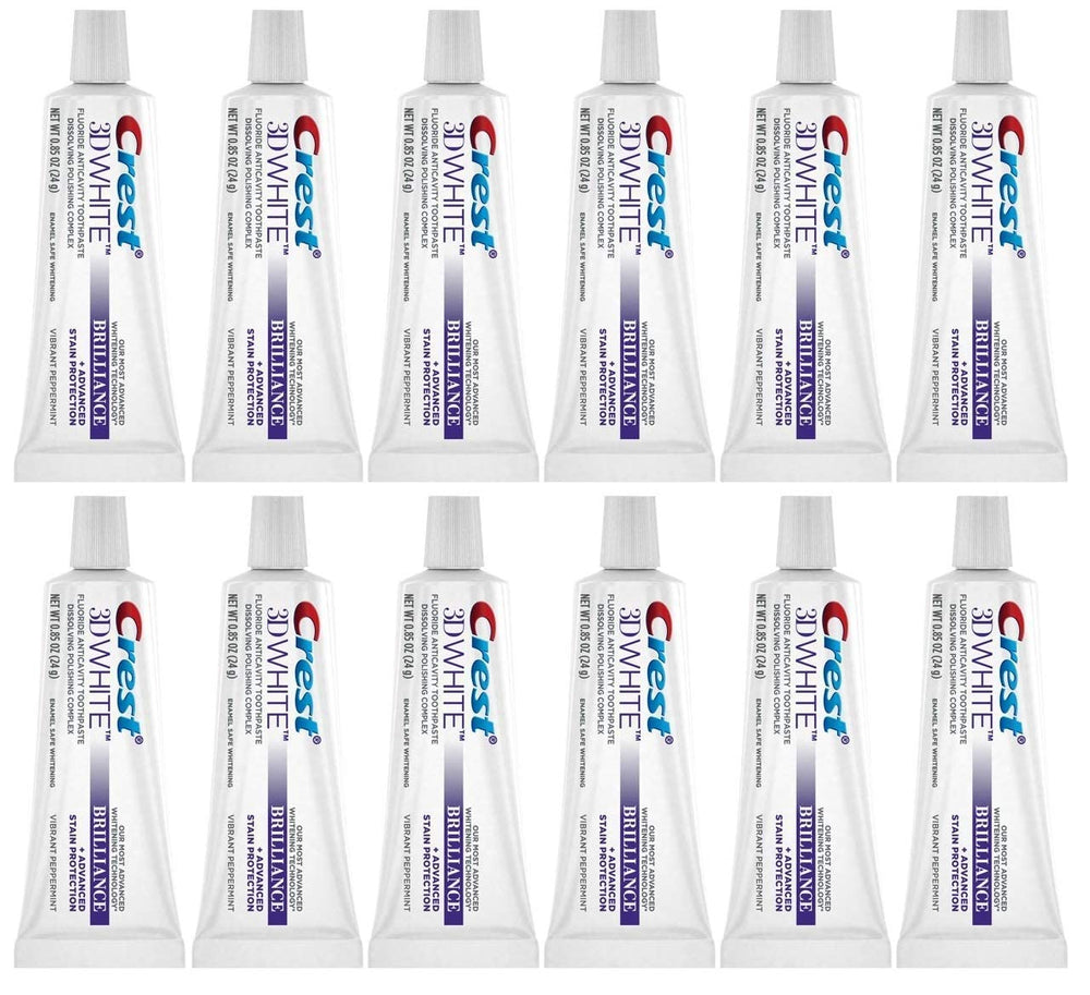 Crest 3D White Brilliance Vibrant Peppermint toothpaste travel size 0.85 oz (24 g) pack of 12 — front view