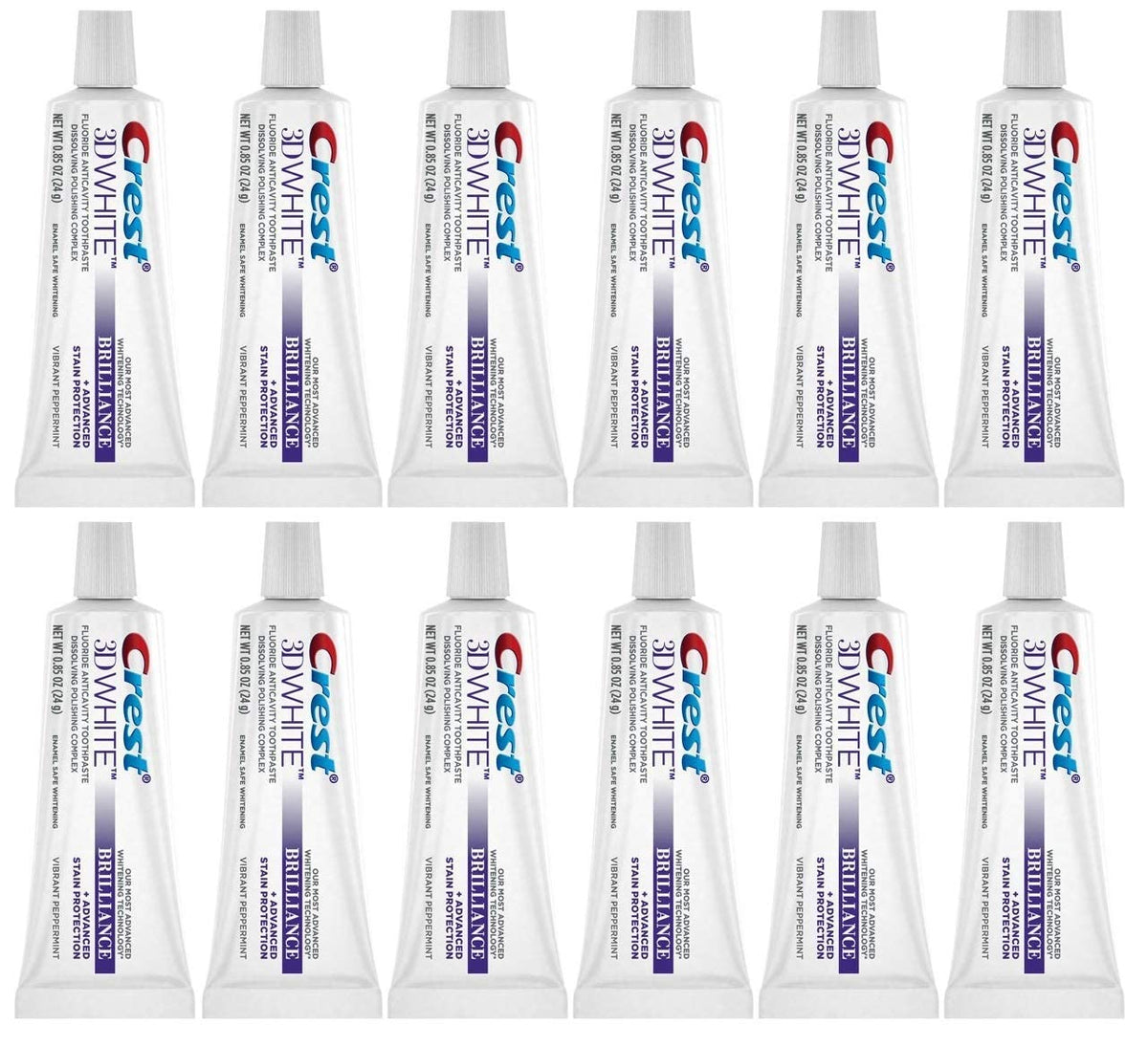 Crest 3D White Brilliance Vibrant Peppermint toothpaste travel size 0.85 oz (24 g) pack of 12 — front view