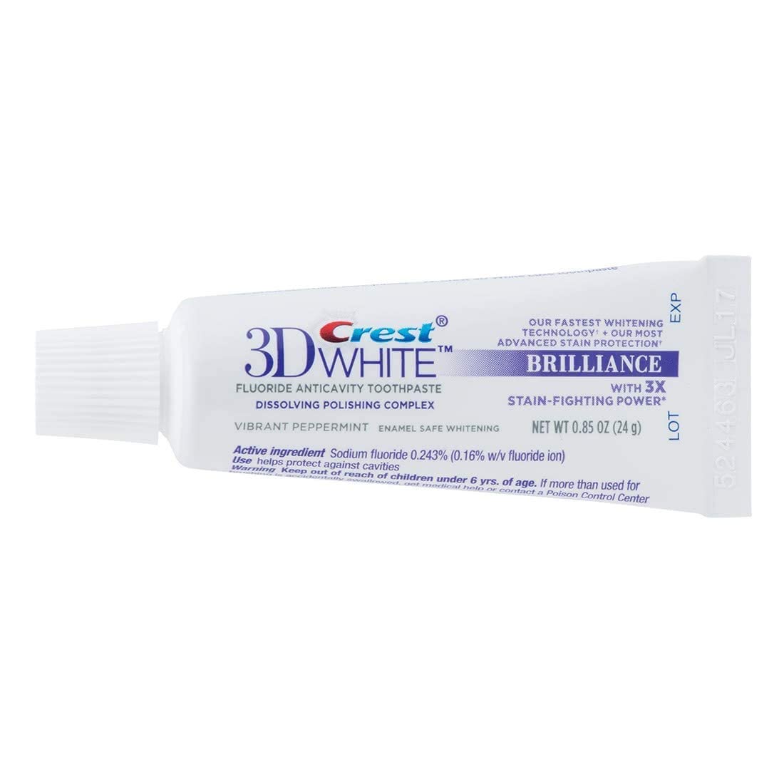 Three Crest 3D White Brilliance Vibrant Peppermint toothpaste tubes (12-pack) on white background