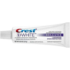 Crest 3D White Brilliance Vibrant Peppermint travel-size toothpaste packaging and tubes