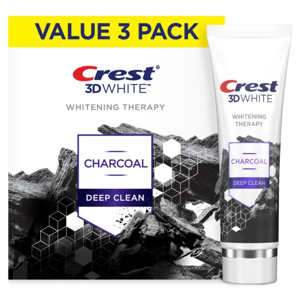 Crest 3D White Whitening Therapy Charcoal Deep Clean toothpaste front view, 4.6 oz, pack of 3