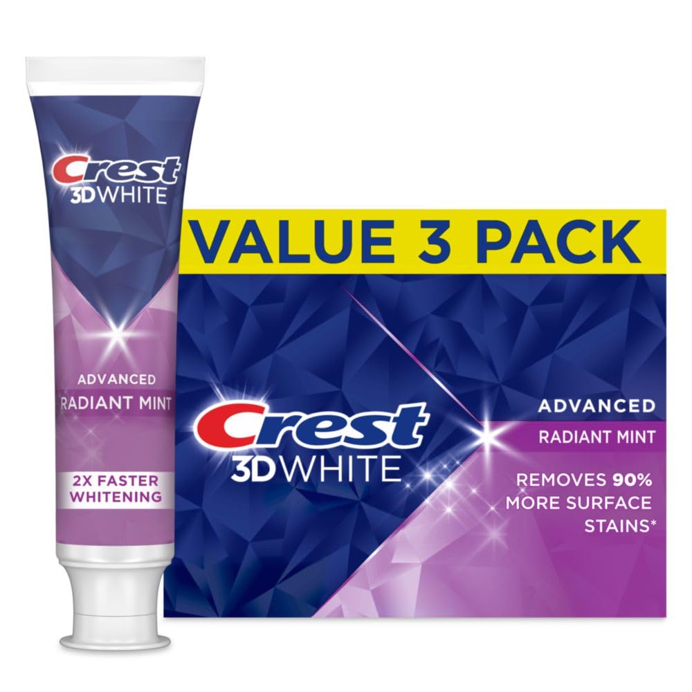 Crest 3D White Radiant Mint toothpaste pack of 3 tubes on white background