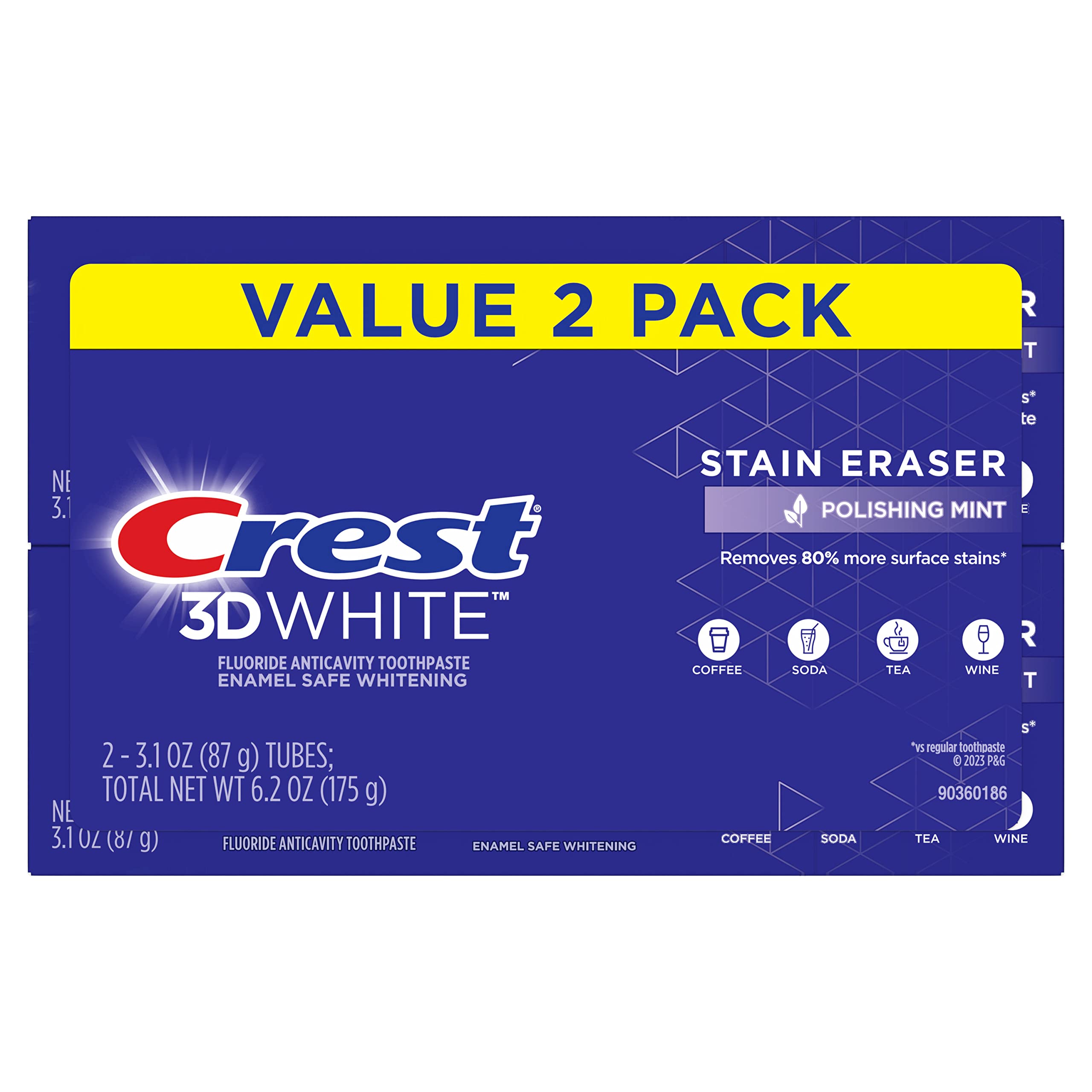 Front view of Crest 3D White Stain Eraser toothpaste two-pack Polishing Mint