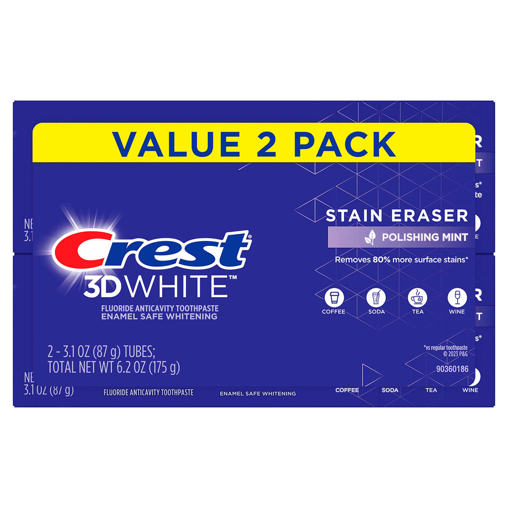 Front view of Crest 3D White Stain Eraser toothpaste two-pack Polishing Mint