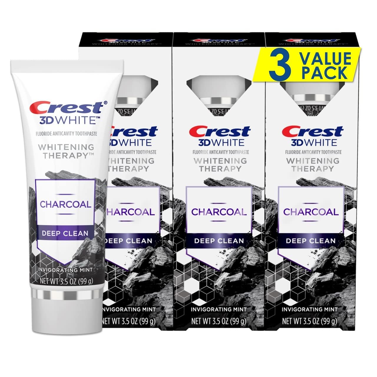 Three Crest 3D White Whitening Therapy Charcoal deep clean toothpaste tubes in a pack