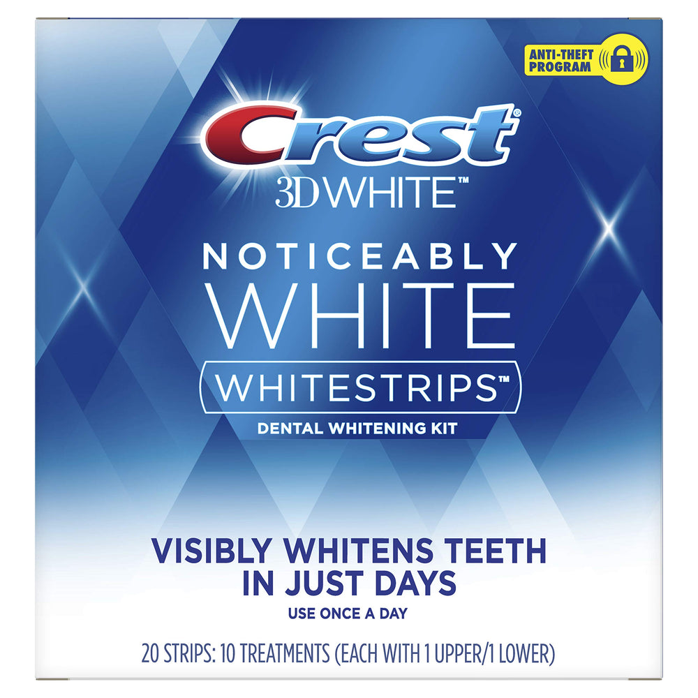 Crest 3D Whitestrips Noticeably White packaging with 20 whitening strips