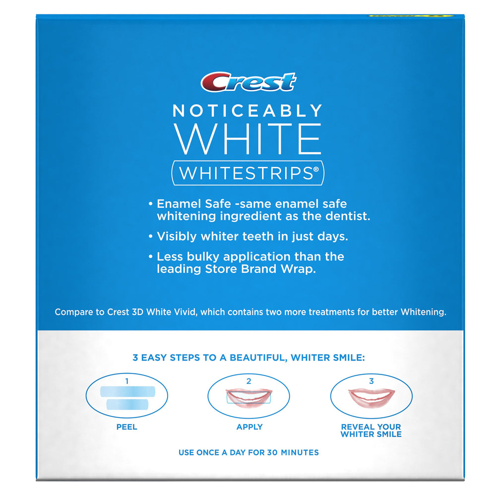 Crest Noticeably White Whitestrips kit open showing 20 strips (10 upper, 10 lower)