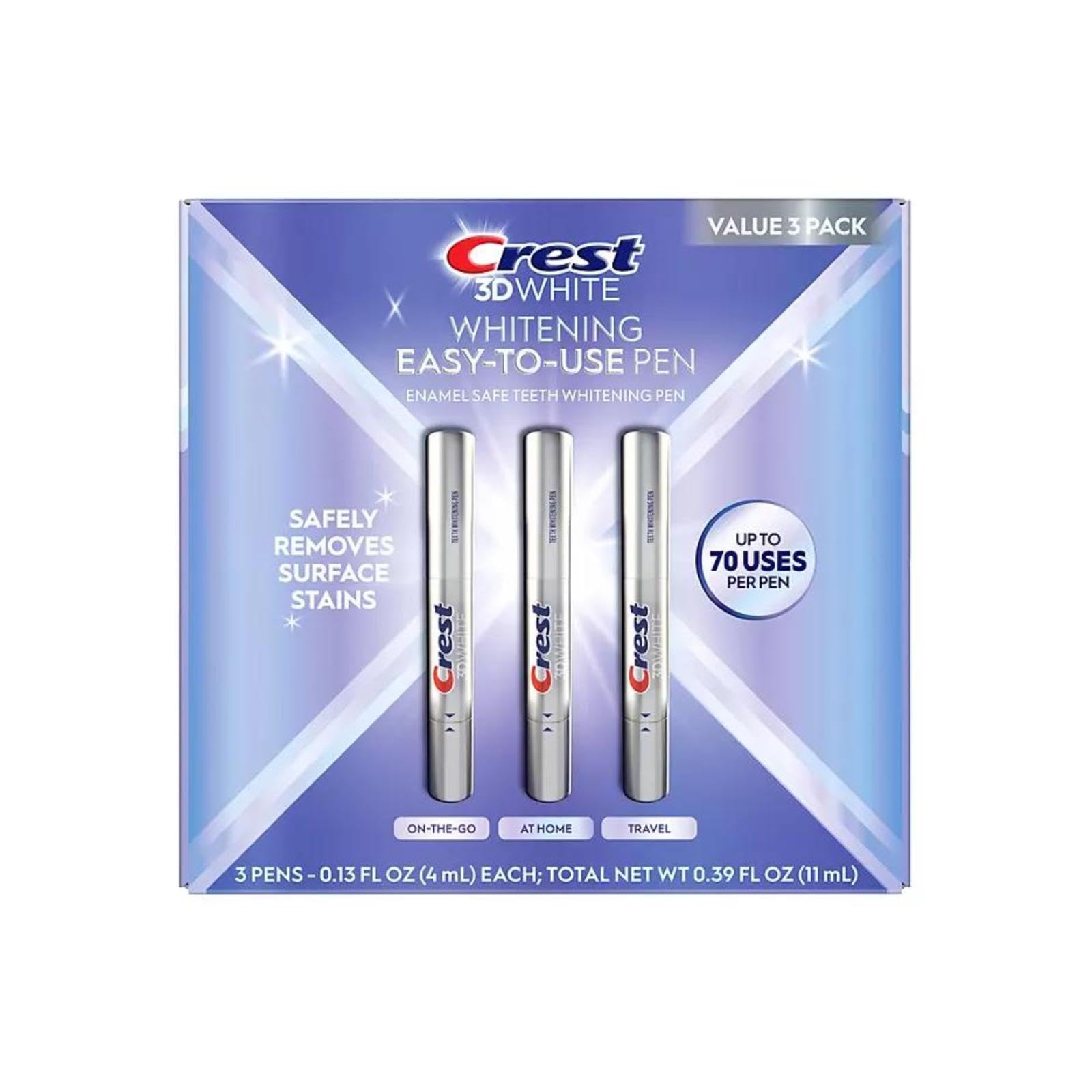 Front view of Crest 3DWhite enamel-safe teeth whitening pens in 3-pack