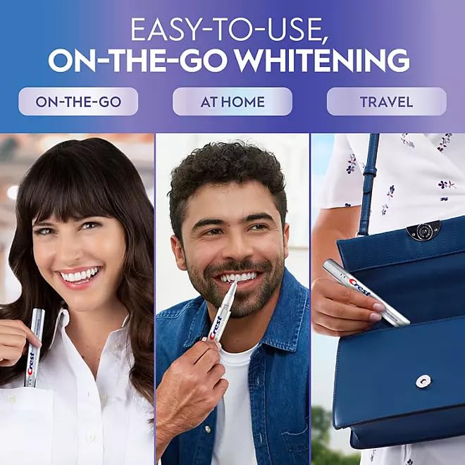 Three Crest 3DWhite whitening pens on white background with packaging