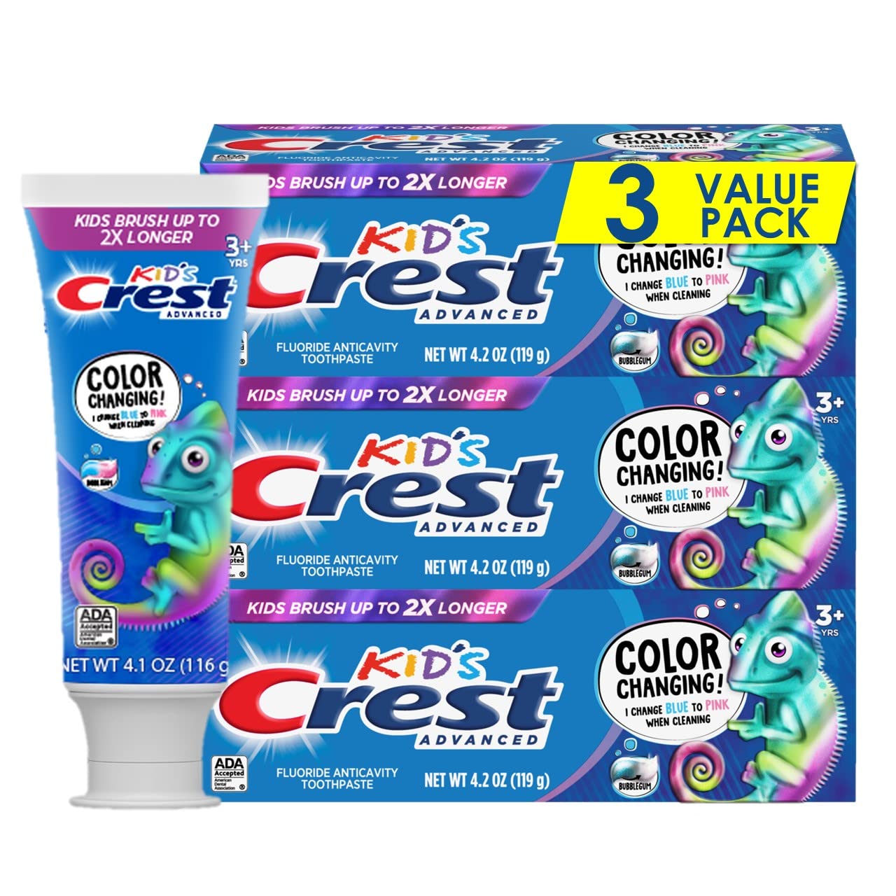 Crest Advanced Kid's toothpaste packaging showing bubblegum flavor with color-changing indicator