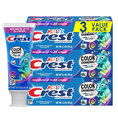 Crest Advanced Kid's toothpaste packaging showing bubblegum flavor with color-changing indicator