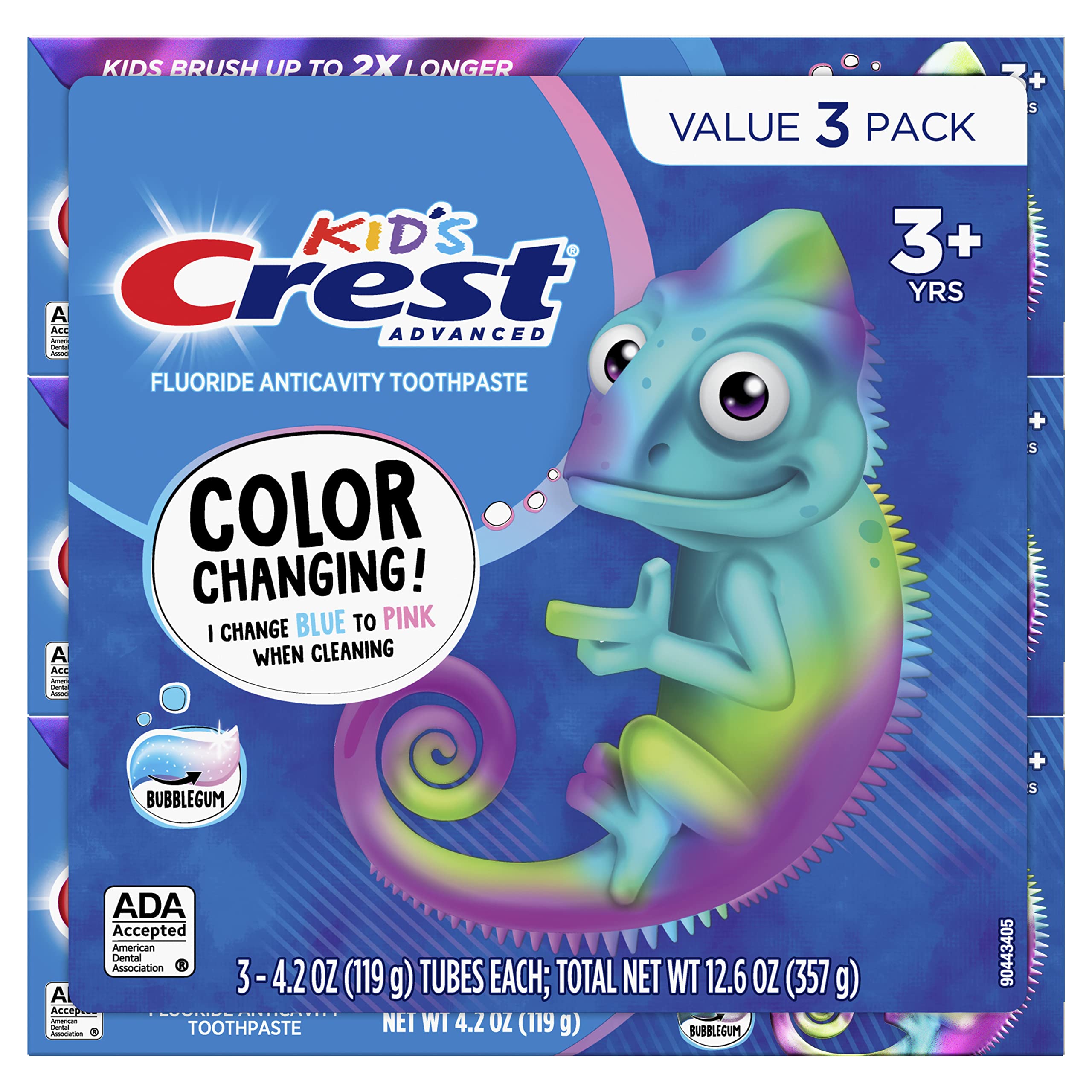 Close-up of Crest Kids toothpaste tube featuring blue-to-pink color change