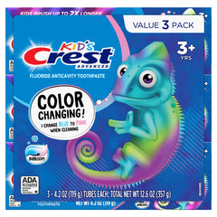 Close-up of Crest Kids toothpaste tube featuring blue-to-pink color change