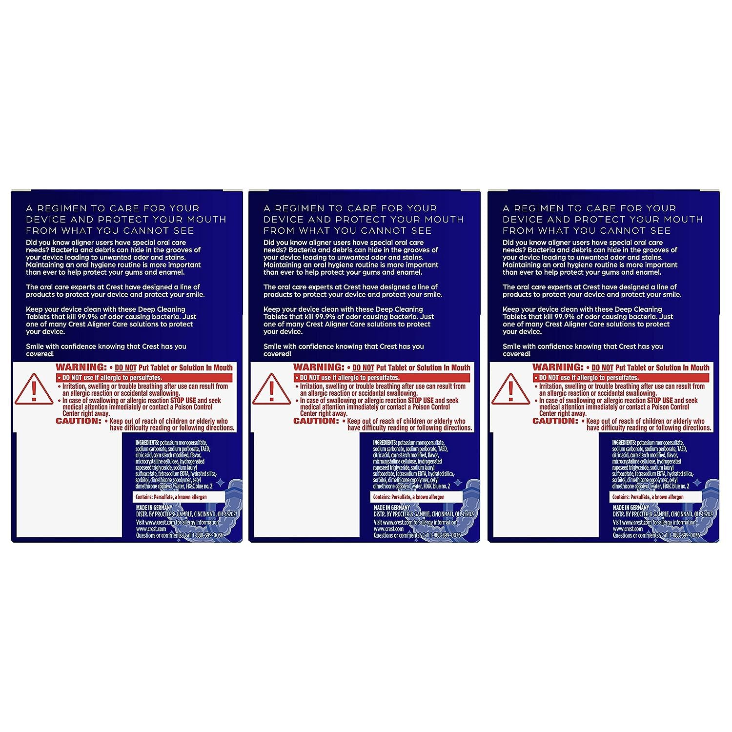 Close-up view of Crest Aligner Care Deep Cleaning Tablets in a tray