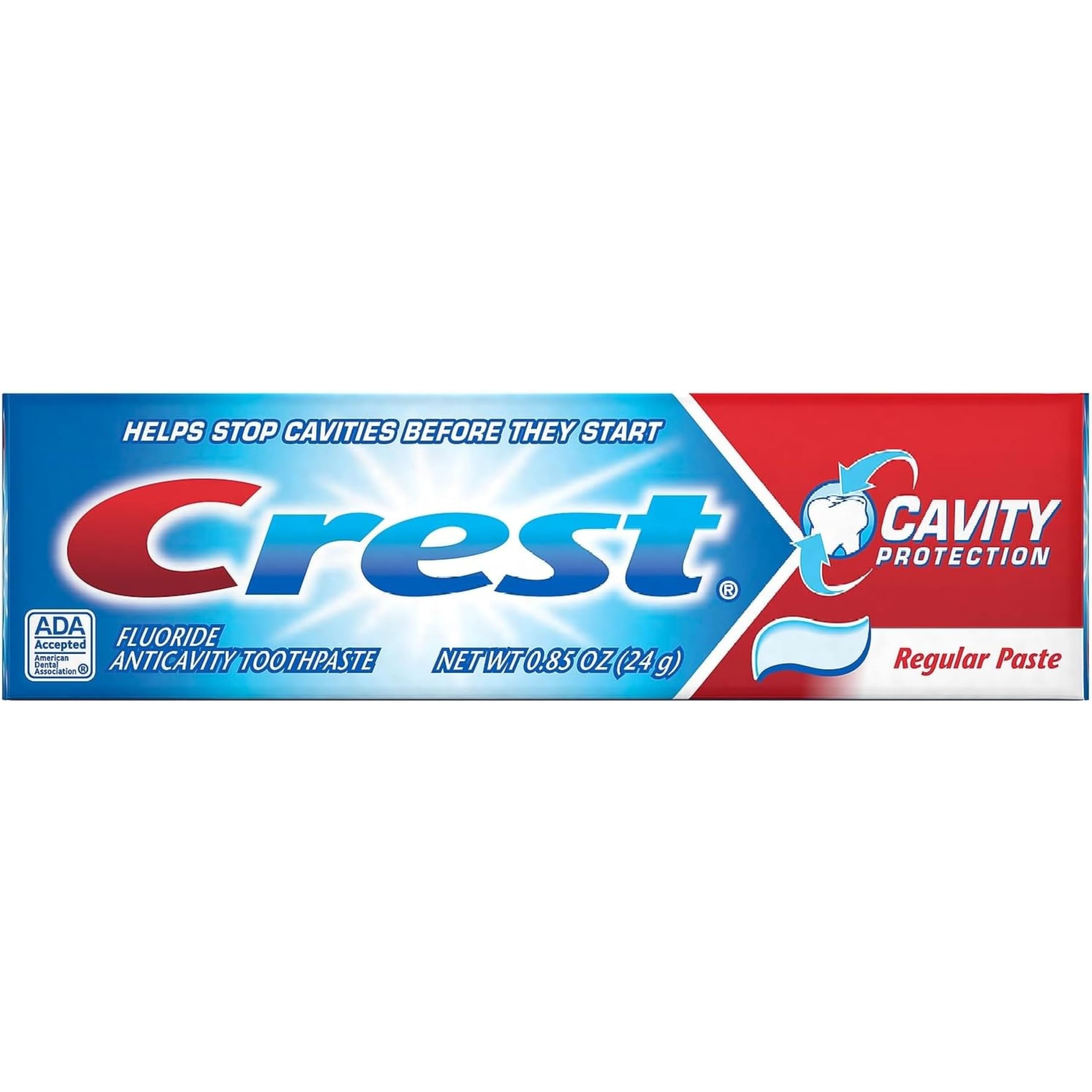 Front view of Crest Cavity Protection travel-size toothpaste packs containing 12 tubes