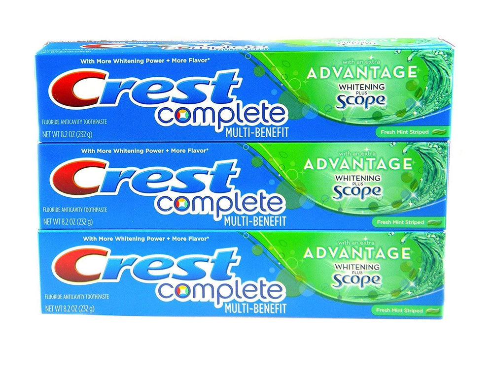 Crest Complete Multi-Benefit Whitening Plus Scope toothpaste Fresh Mint Striped 8.2oz 3-pack