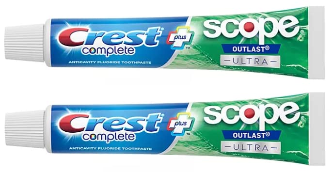 Front view of Crest Complete Whitening Plus Scope Outlast Ultra toothpaste 6.5 oz tubes in 2-pack