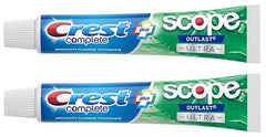 Front view of Crest Complete Whitening Plus Scope Outlast Ultra toothpaste 6.5 oz tubes in 2-pack
