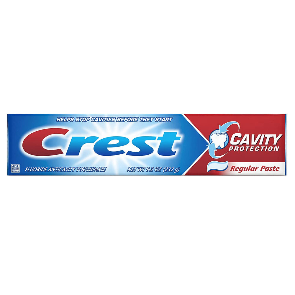 Family bathroom scene with Crest toothpaste pack of 5 on counter