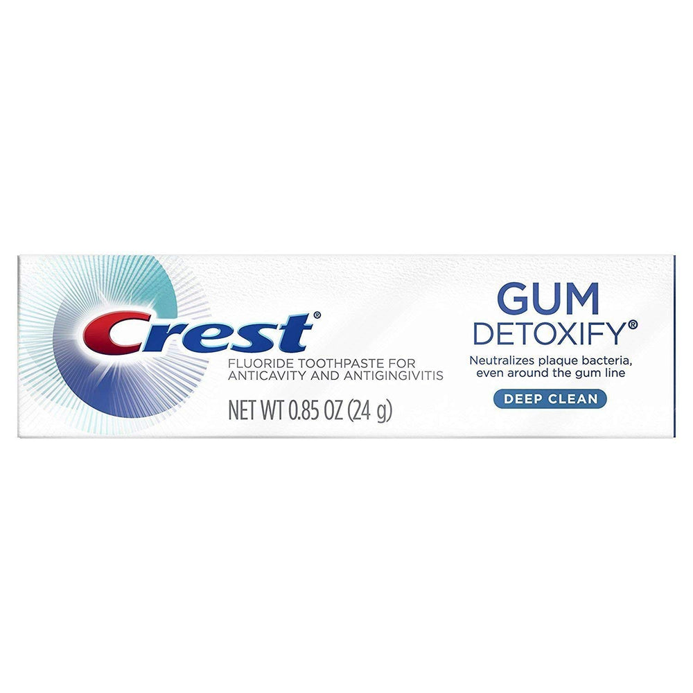 Close-up of Crest Gum Detoxify 0.85 oz tube label