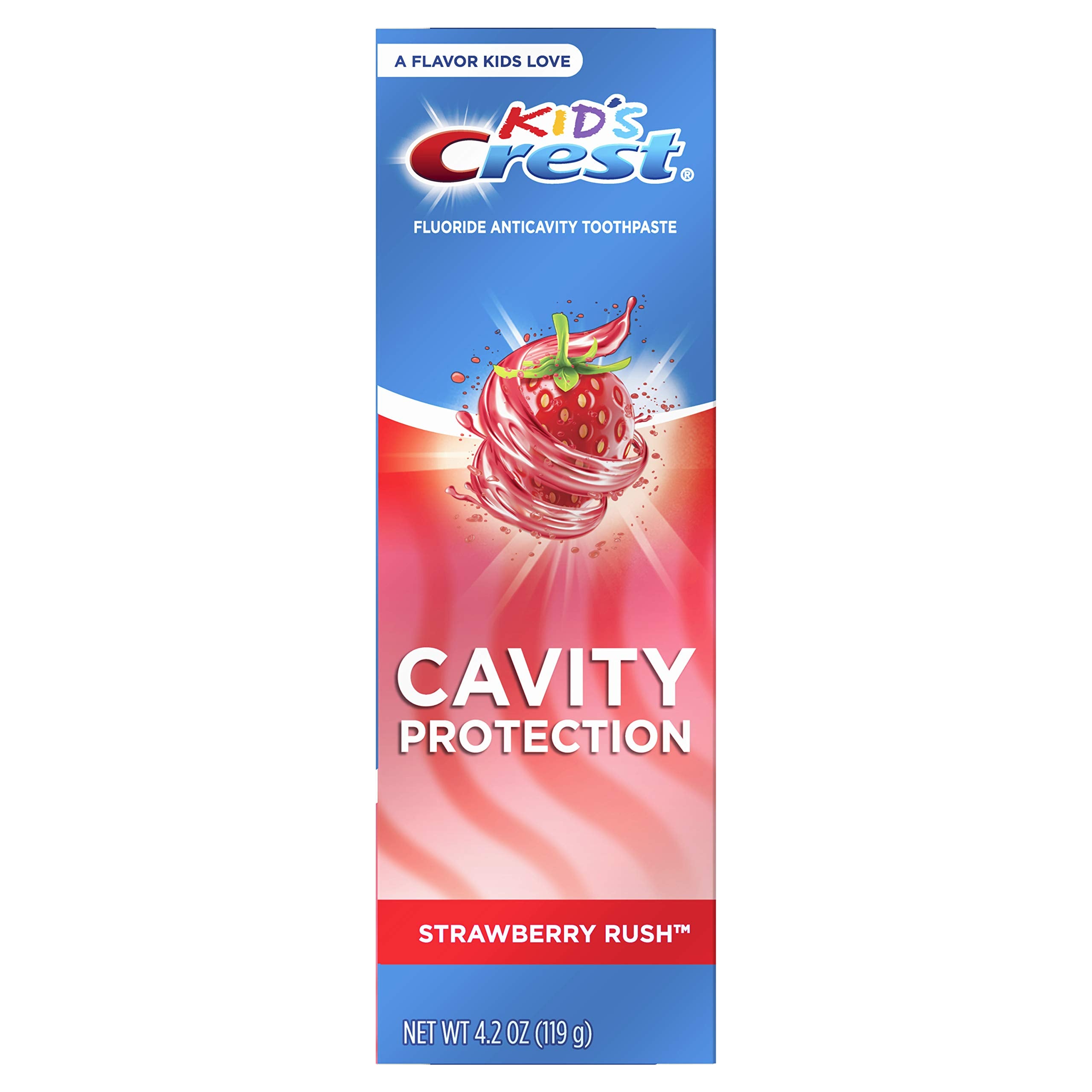 Crest Kid's Strawberry Rush fluoride toothpaste tube, 4.2 oz