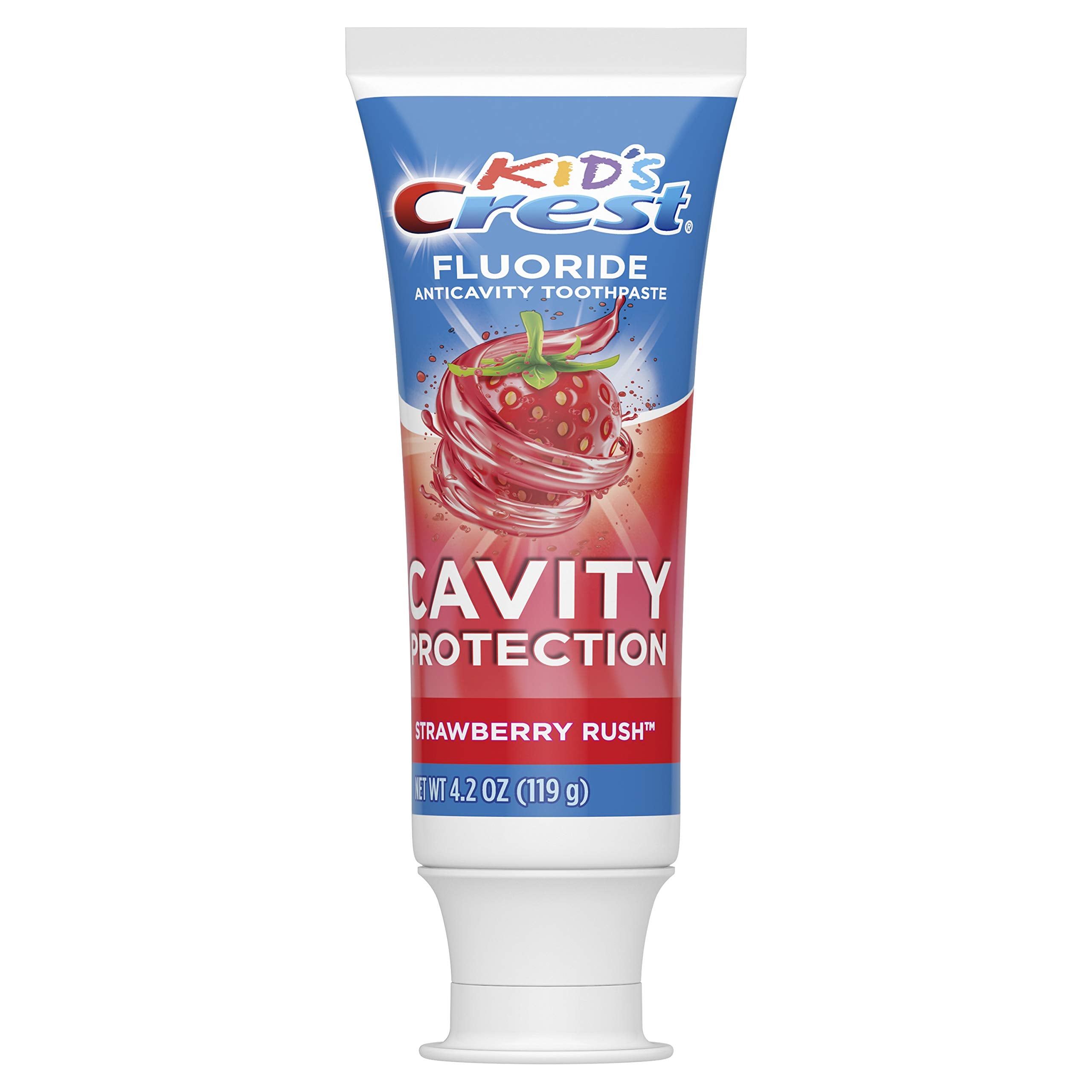 Close-up of Crest Kid's Strawberry Rush toothpaste label on tube