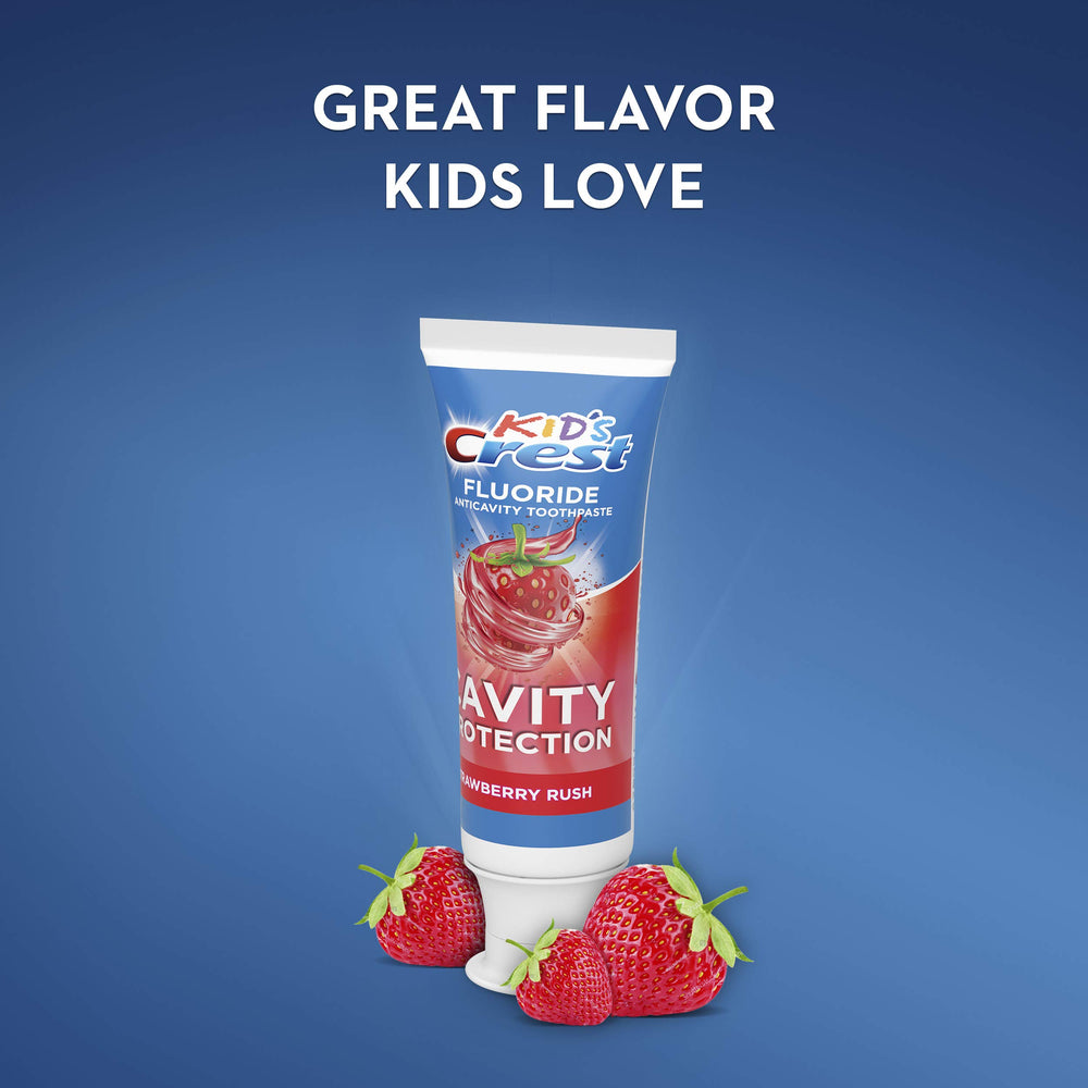 Crest Kid's Strawberry Rush toothpaste packaging and branding