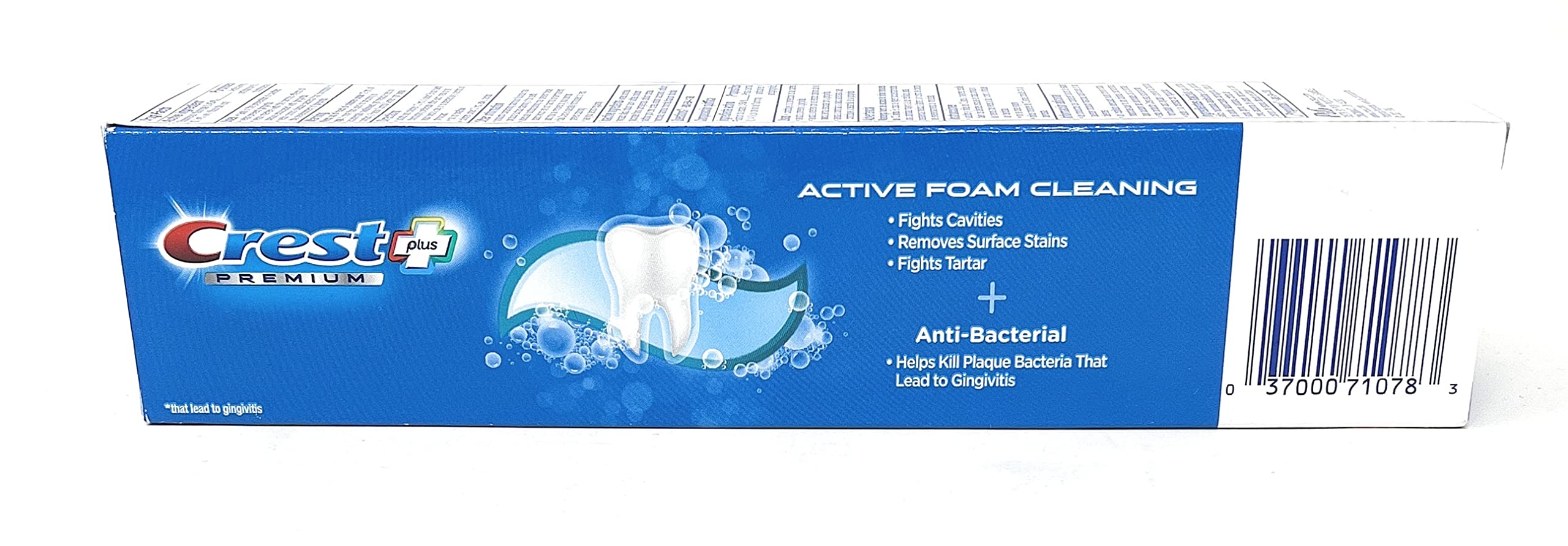 Open Crest Premium Plus 3-pack box with toothpaste tubes visible