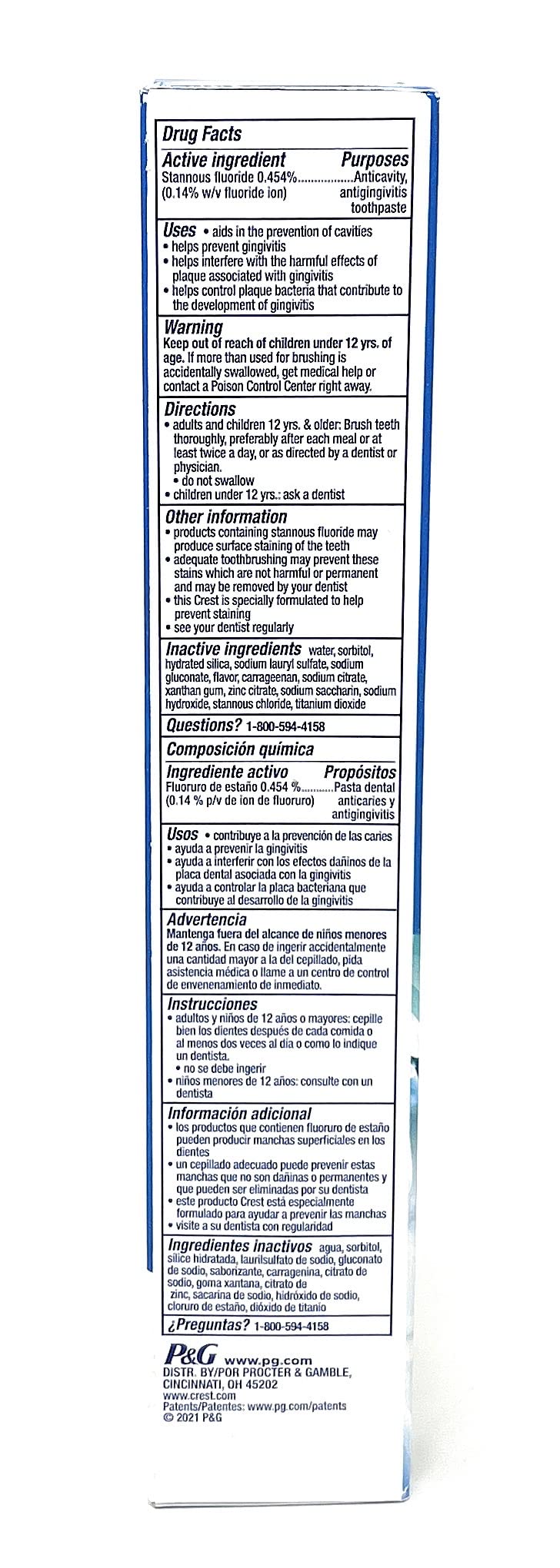 Close-up of Crest toothpaste label highlighting whitening and anti-bacterial formula