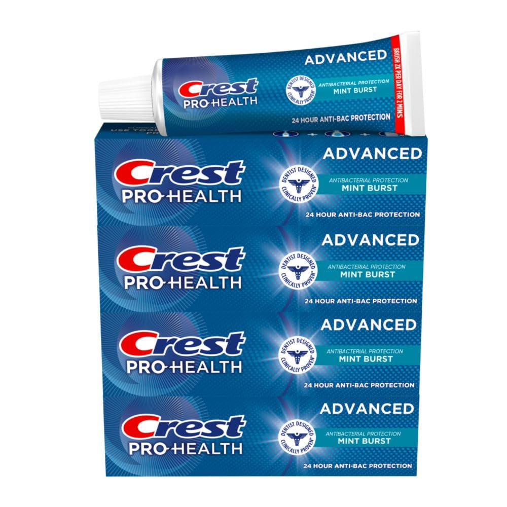 Pack shot of Crest Pro-Health Advanced Antibacterial Protection Toothpaste Mint Burst pack of 4 tubes, 5 oz each