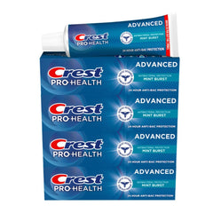 Pack shot of Crest Pro-Health Advanced Antibacterial Protection Toothpaste Mint Burst pack of 4 tubes, 5 oz each