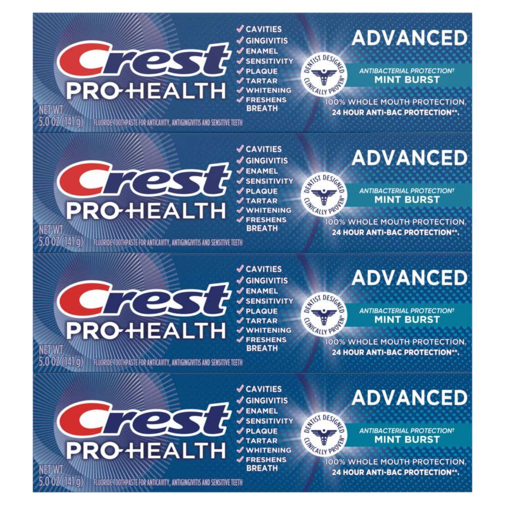 Close-up of Crest Pro-Health packaging and 5 oz tubes