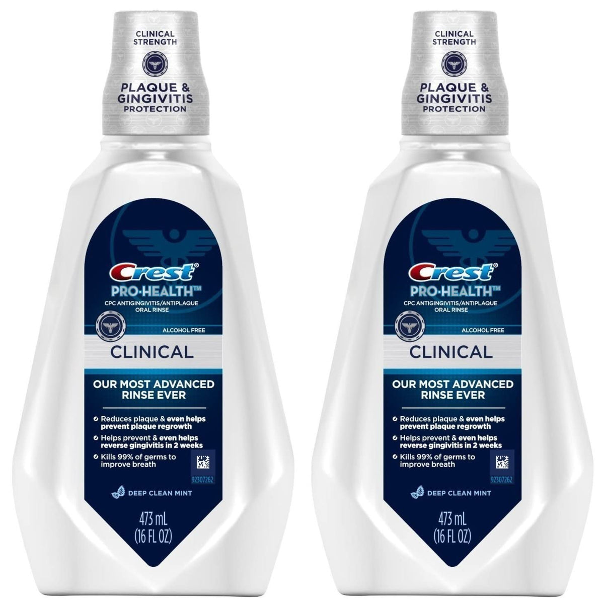 Front view of Crest Pro-Health Clinical CPC Antigingivitis/Antiplaque Mouth Rinse Deep Clean Mint 473 ml bottle (2-pack)