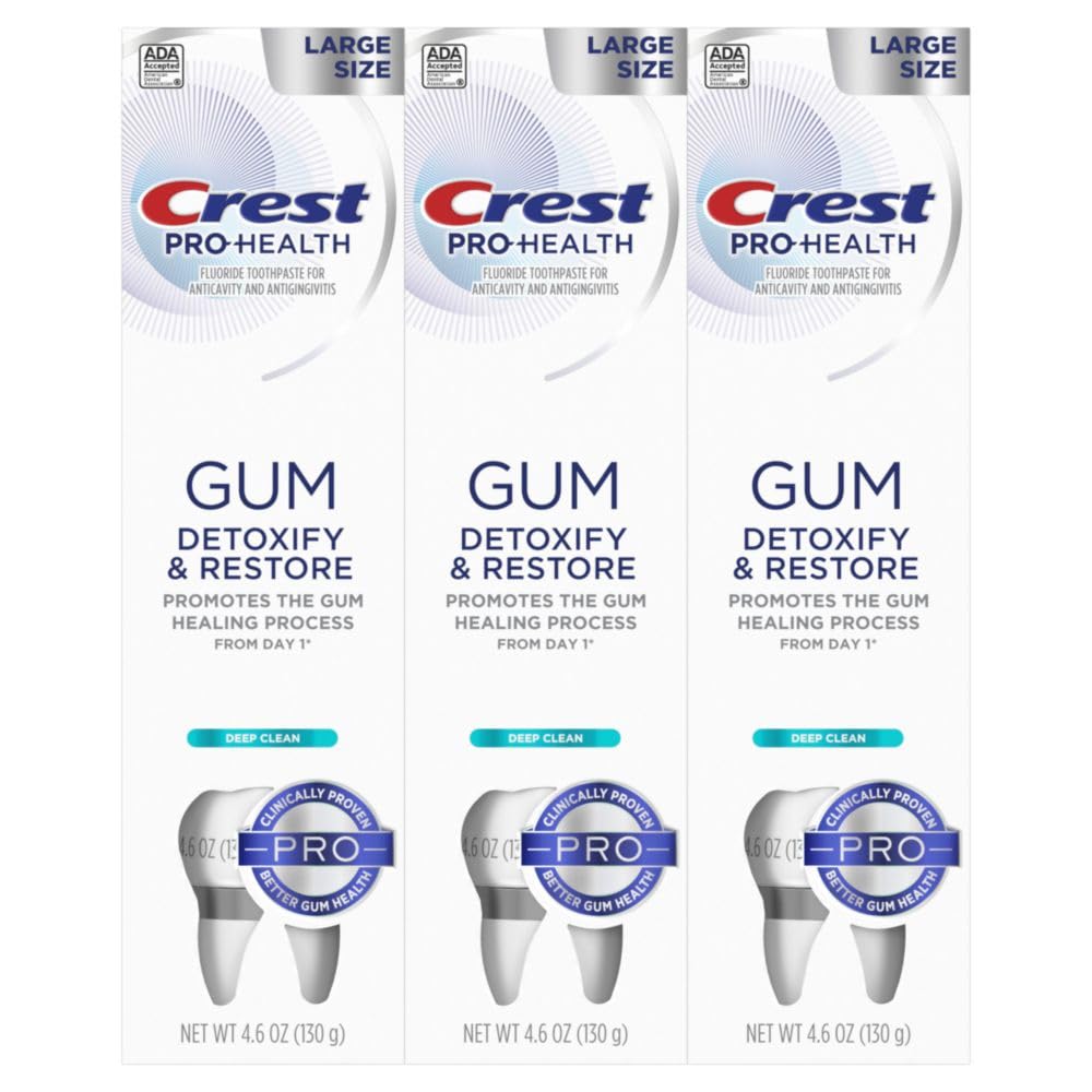 Close-up of Crest Pro-Health Gum Detoxify and Restore toothpaste tubes