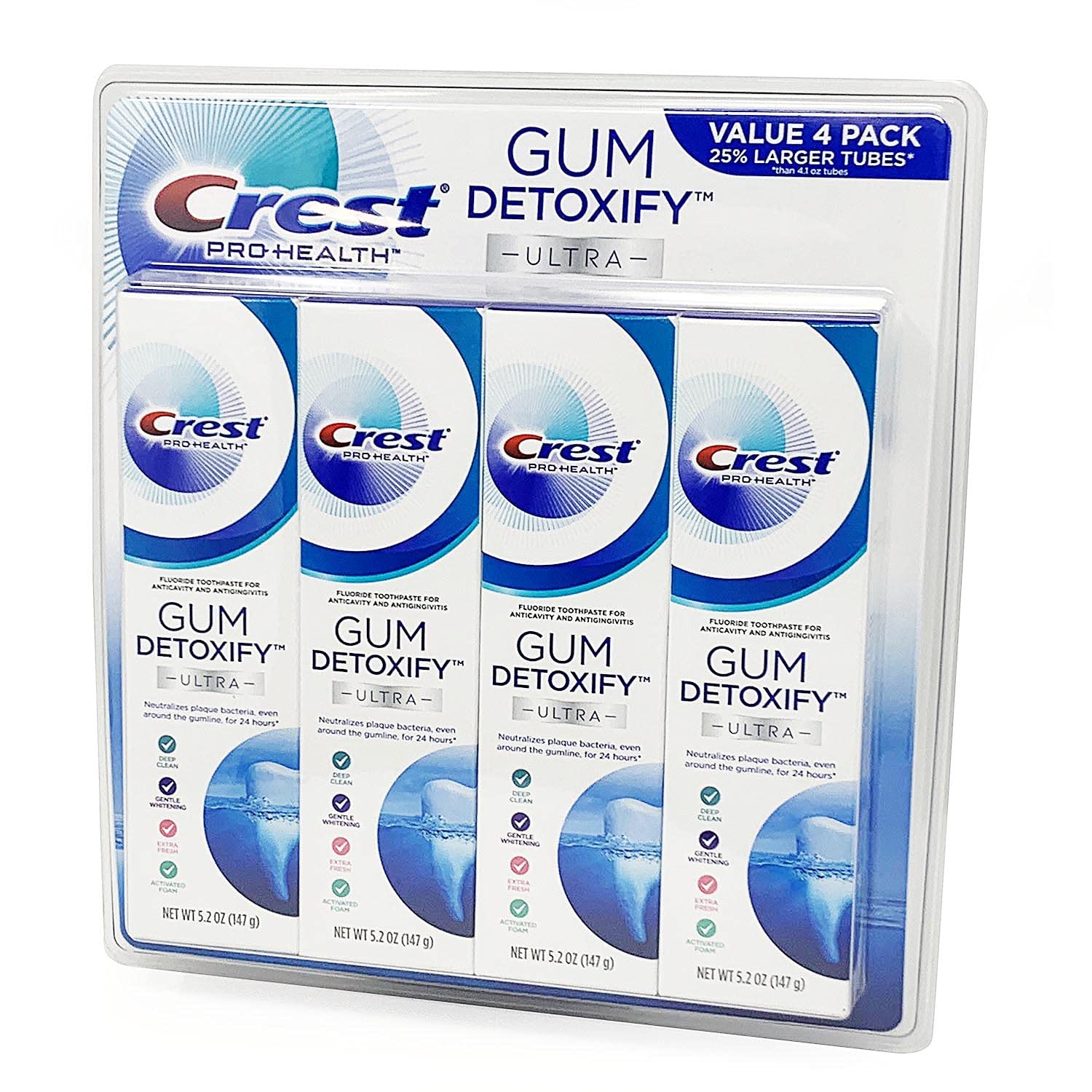 Crest Pro Health Ultra Gum Detoxify 4-pack packaging with 5.2 oz tubes