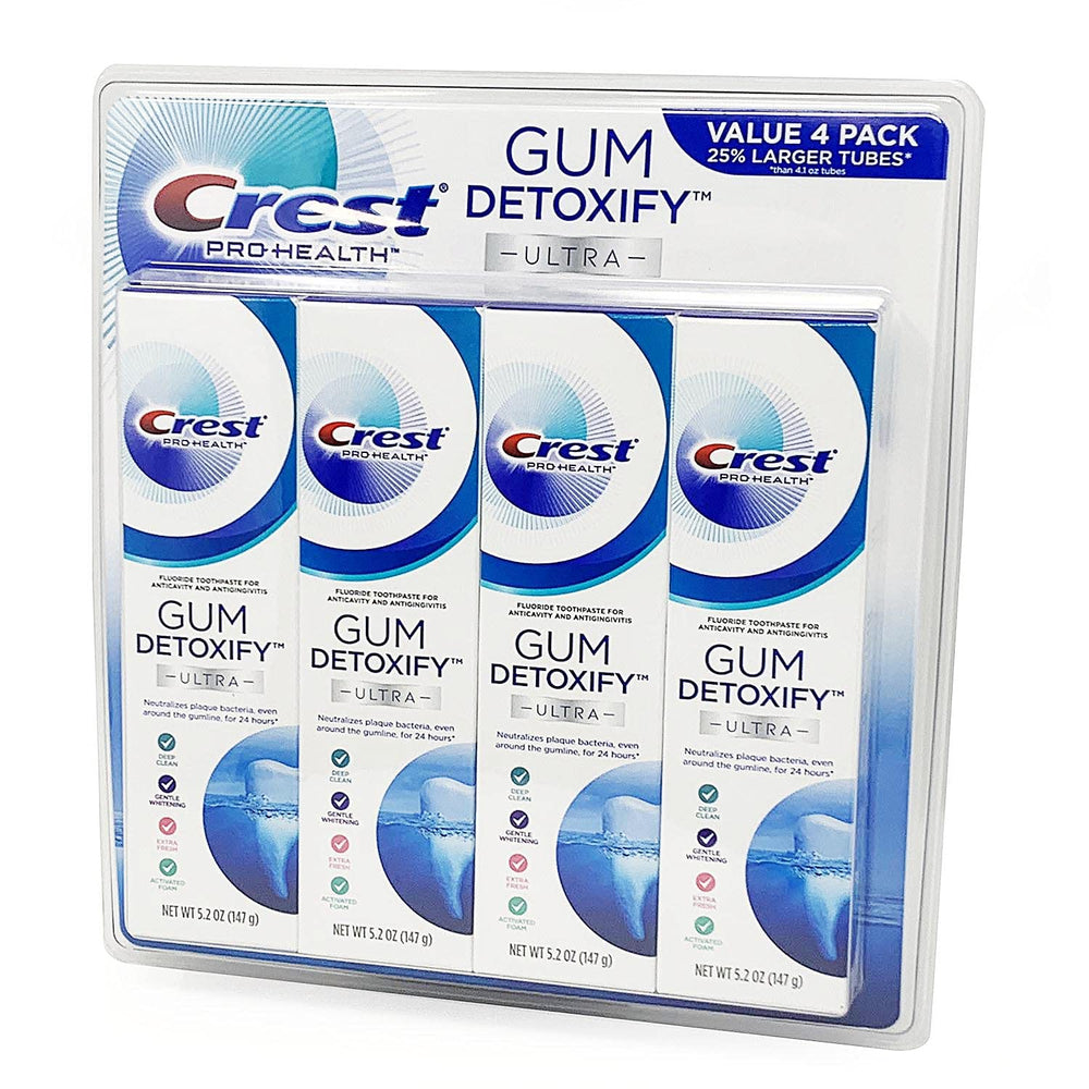 Crest Pro Health Ultra Gum Detoxify 4-pack packaging with 5.2 oz tubes