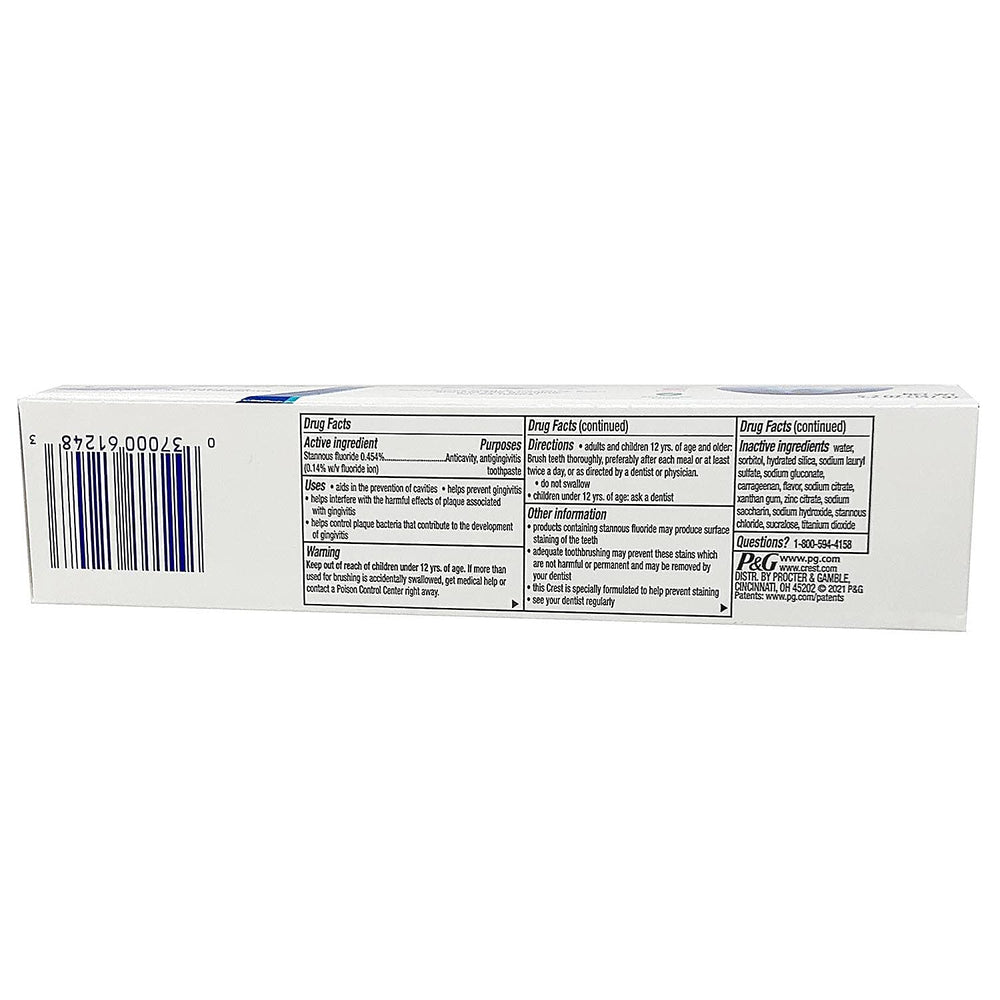 Zinc and detoxify formula details on Crest toothpaste packaging