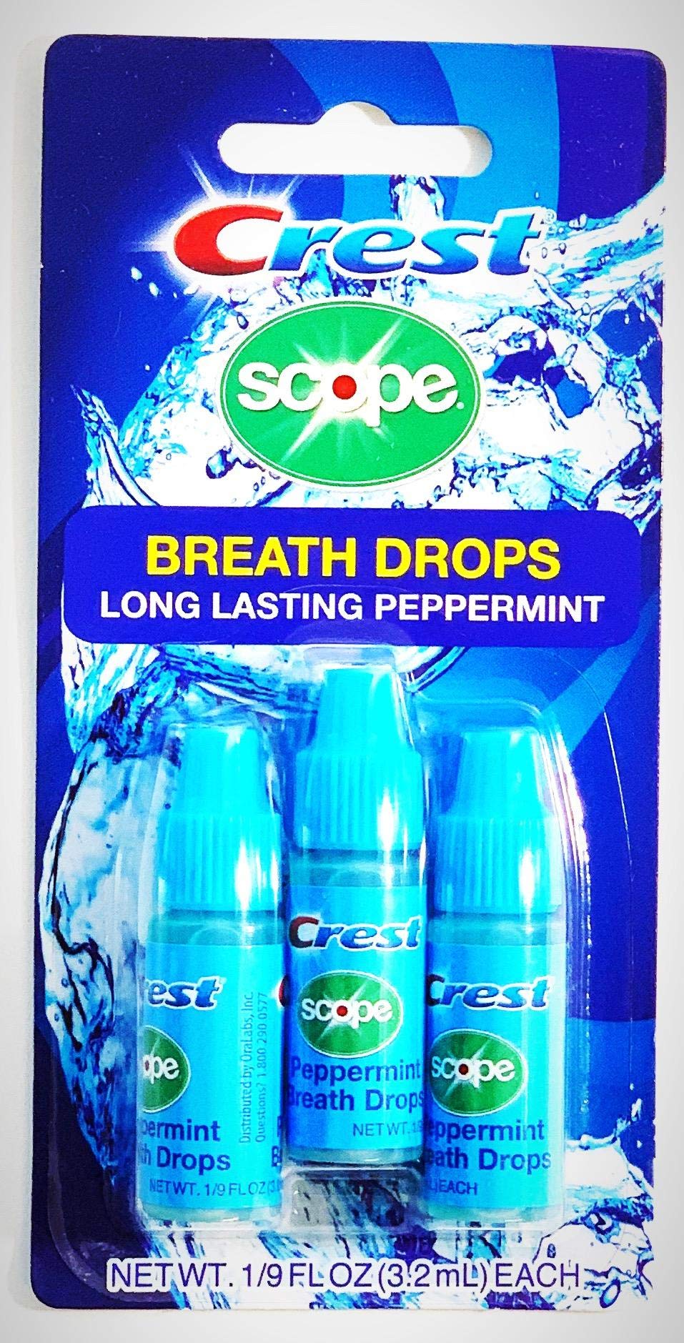 Close-up of Crest Scope Breath Drops peppermint liquid breath fresheners