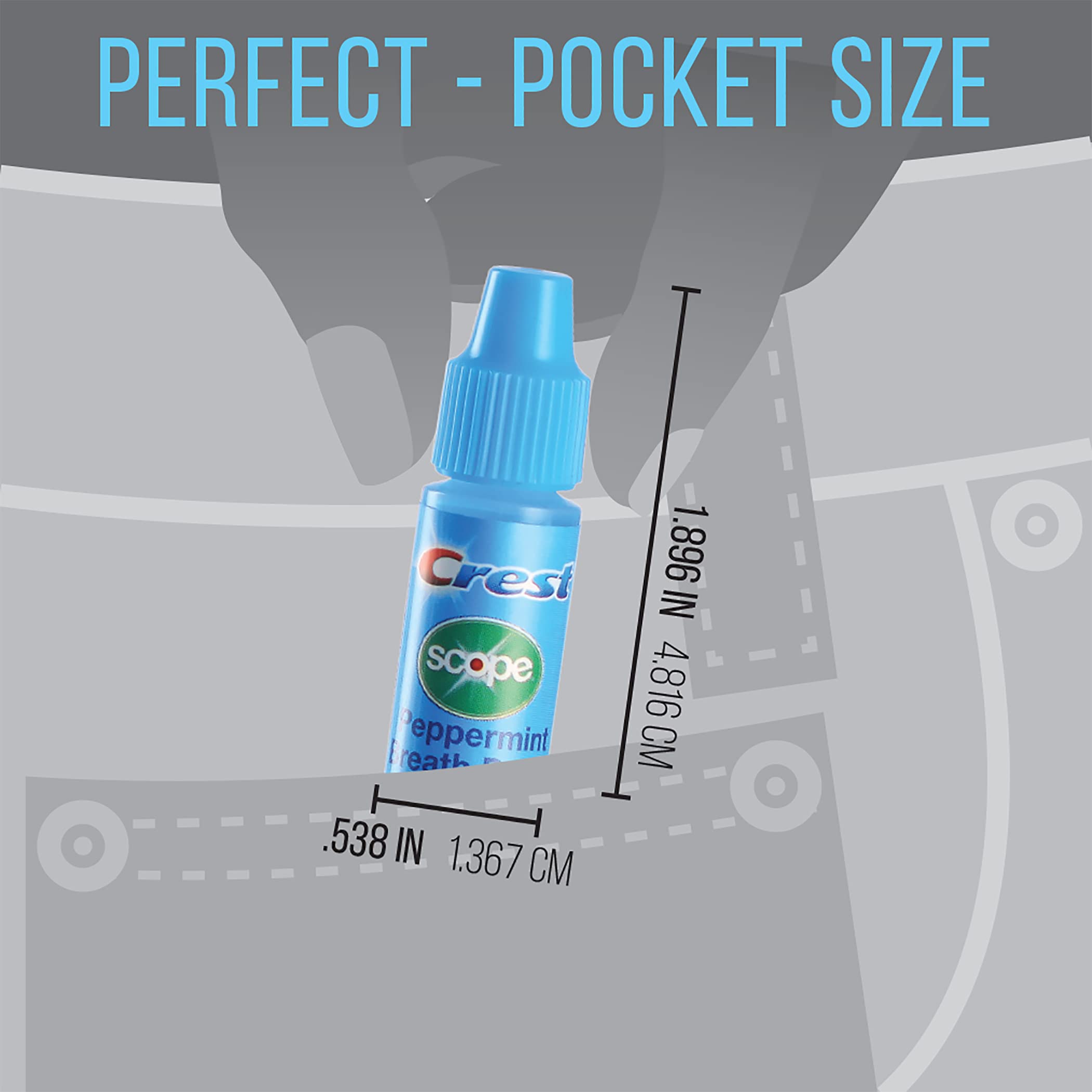 Gravity feed display featuring Crest Scope Breath Drops Peppermint bottles