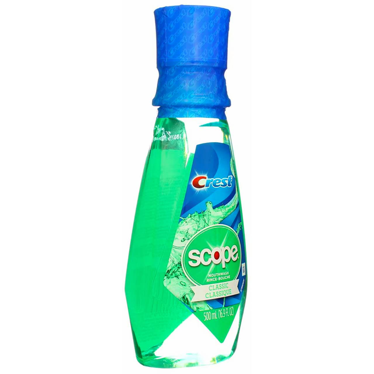 Close-up of Crest Scope Classic Mouthwash Original label